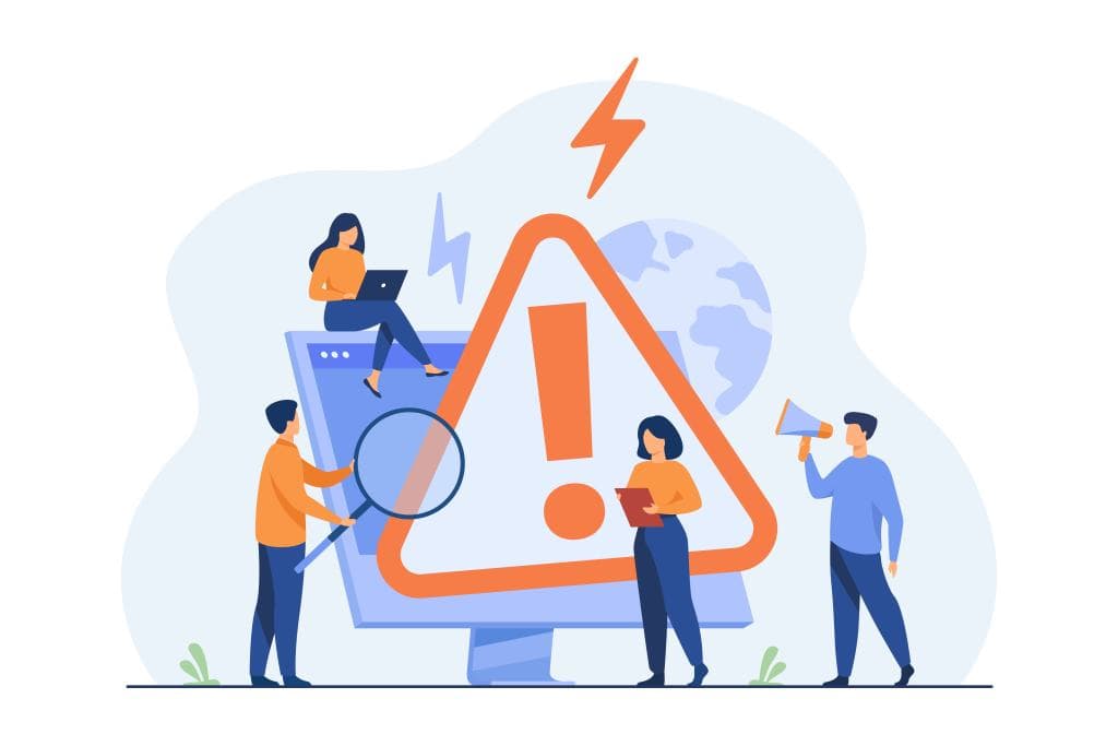 Tiny people examining operating system error warning on web page isolated flat illustration